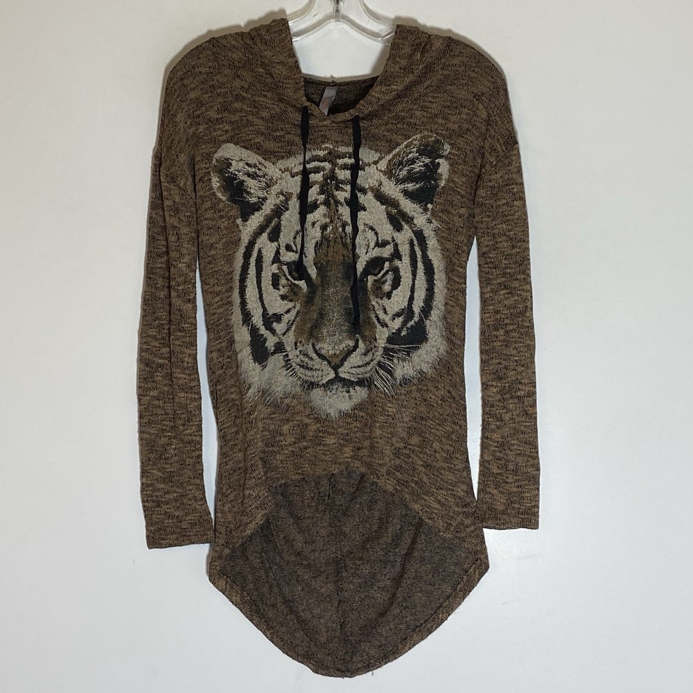 Jesse & J Hoodie Womens XL Brown Tiger Graphic Top HiLo Classic Casual Light